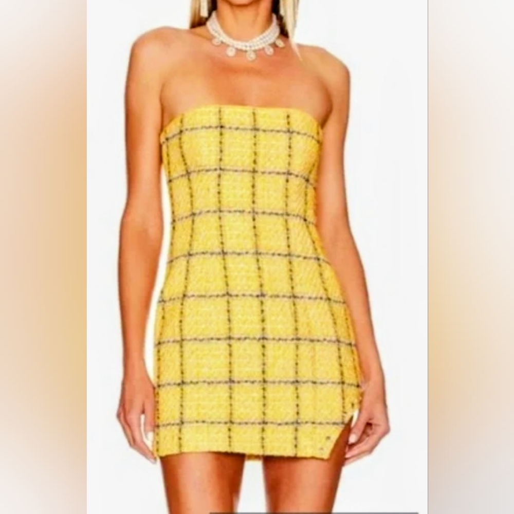 Assignment Women's Yellow Strapless Tweed Mini Dress With Sparkles Size XL